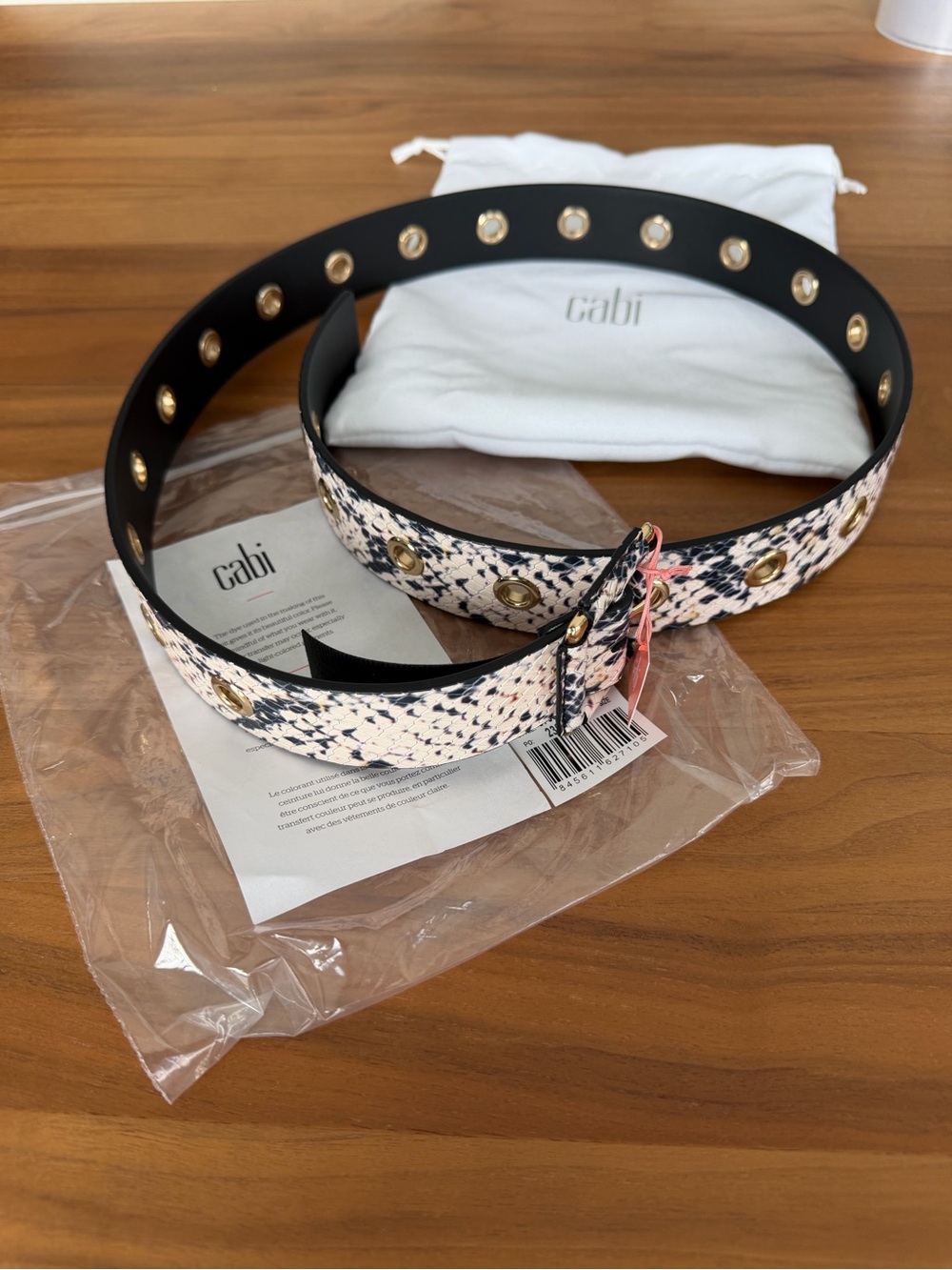 Cabi Women's Animal/Snake-Print Belt with Gold Eyelet Details. Leather. Size M.